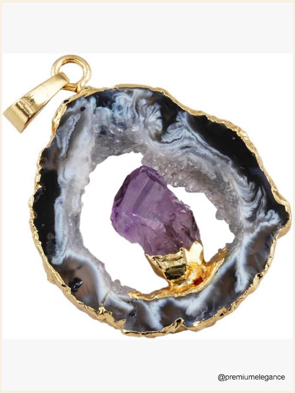Natural Agate Druzy Geode Pendant Necklace with Amethyst Crystal